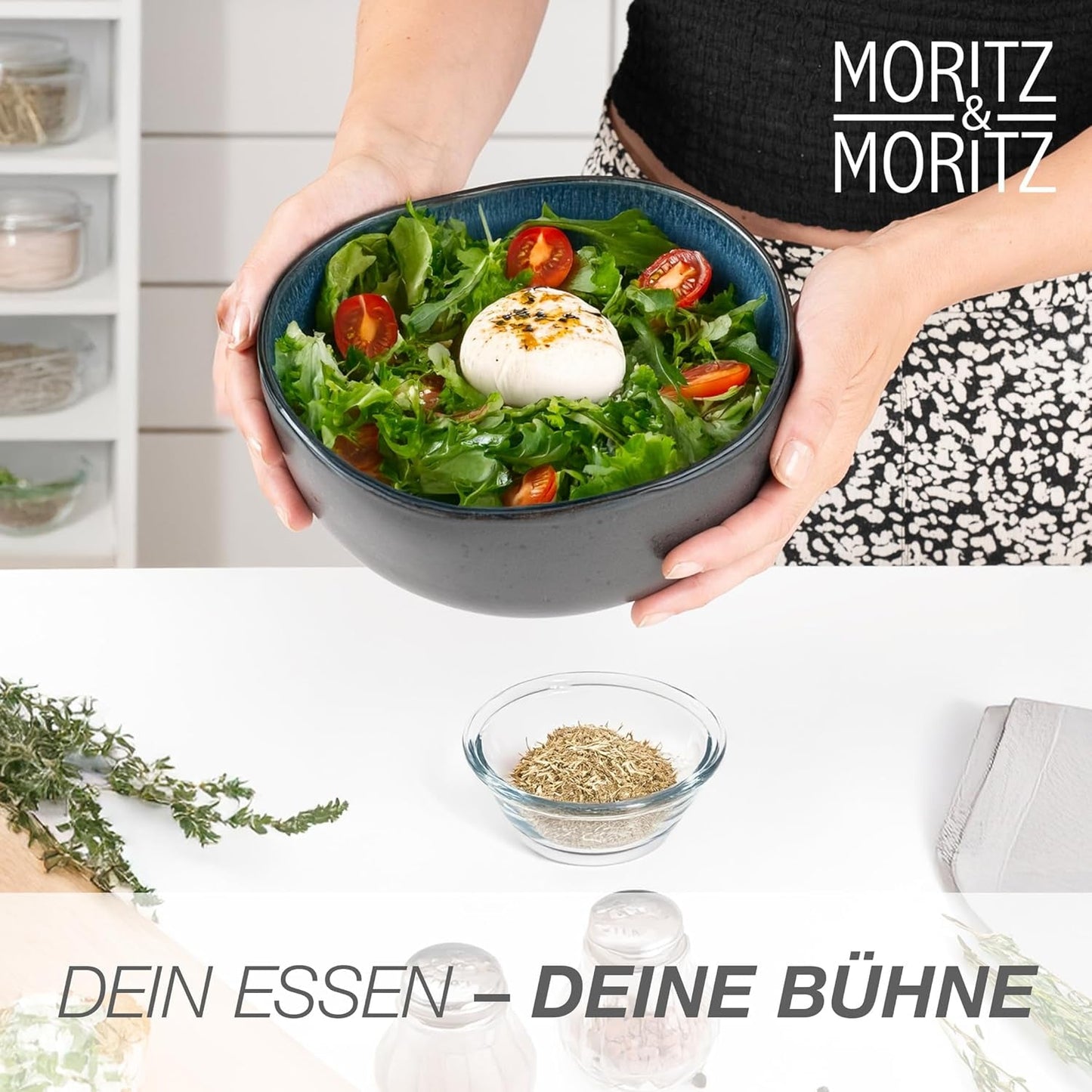 Moritz & Moritz ORGANIC Juego de cuencos para servir, azul - 2 cuencos grandes de gres de alta calidad, modernos y atemporales, aptos para microondas y lavavajillas - perfectos para ensaladas, pastas, snacks y más