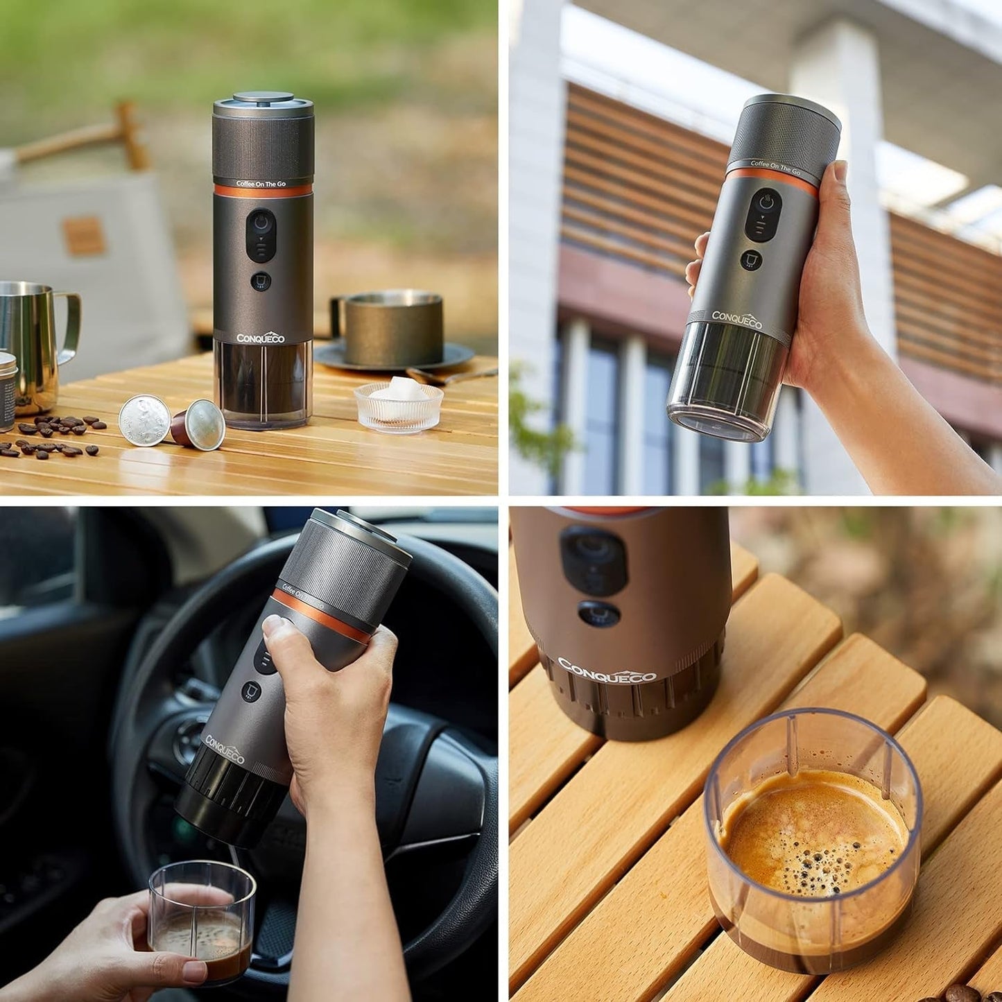 CONQUECO Máquina de espresso para coche de 12 V: Máquina de espresso portátil con batería para acampar y viajar - Calentamiento rápido en 2,5 minutos - 8 tazas de espresso en una sola carga