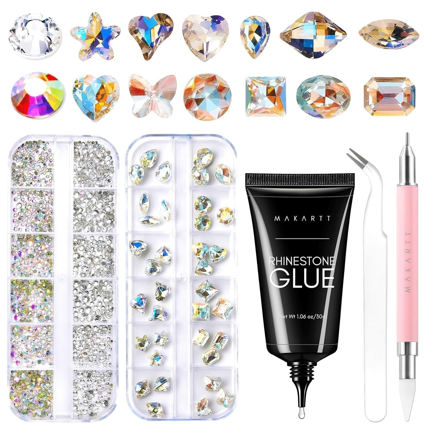 Makartt Gel Adhesivo de Diamantes de Imitación - Juego de Pegamento de Uñas UV de 15 ml con Dijes de Uñas Rosas, Joyería de Uñas con Círculo de Corazón y Accesorios de Diseño de Uñas para Manicura en el Hogar, Regalo del Día de San Valentín