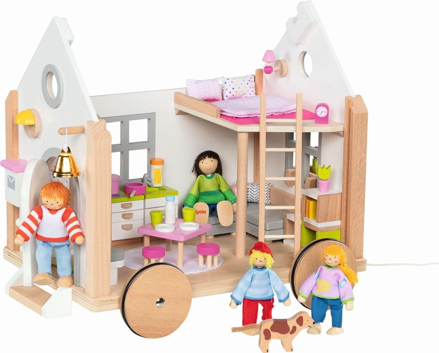 Goki 51477 - Casita Hygge Pequeña de Madera y Textil para Mini Muñecas, Casa de Muñecas Móvil Estilo Escandinavo, 38Cm X 27Cm X 33Cm, Set de 40, Edad 3+ Casas de Muñecas Naty Shop