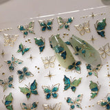 JMEOWIO 3D Nagelsticker Verde Oro Schmetterling Nail Art Sticker Selbstklebend Nagelaufkleber 5D Stereoskopisch Dekoration Nageldesign Zubehör 1 Blatt