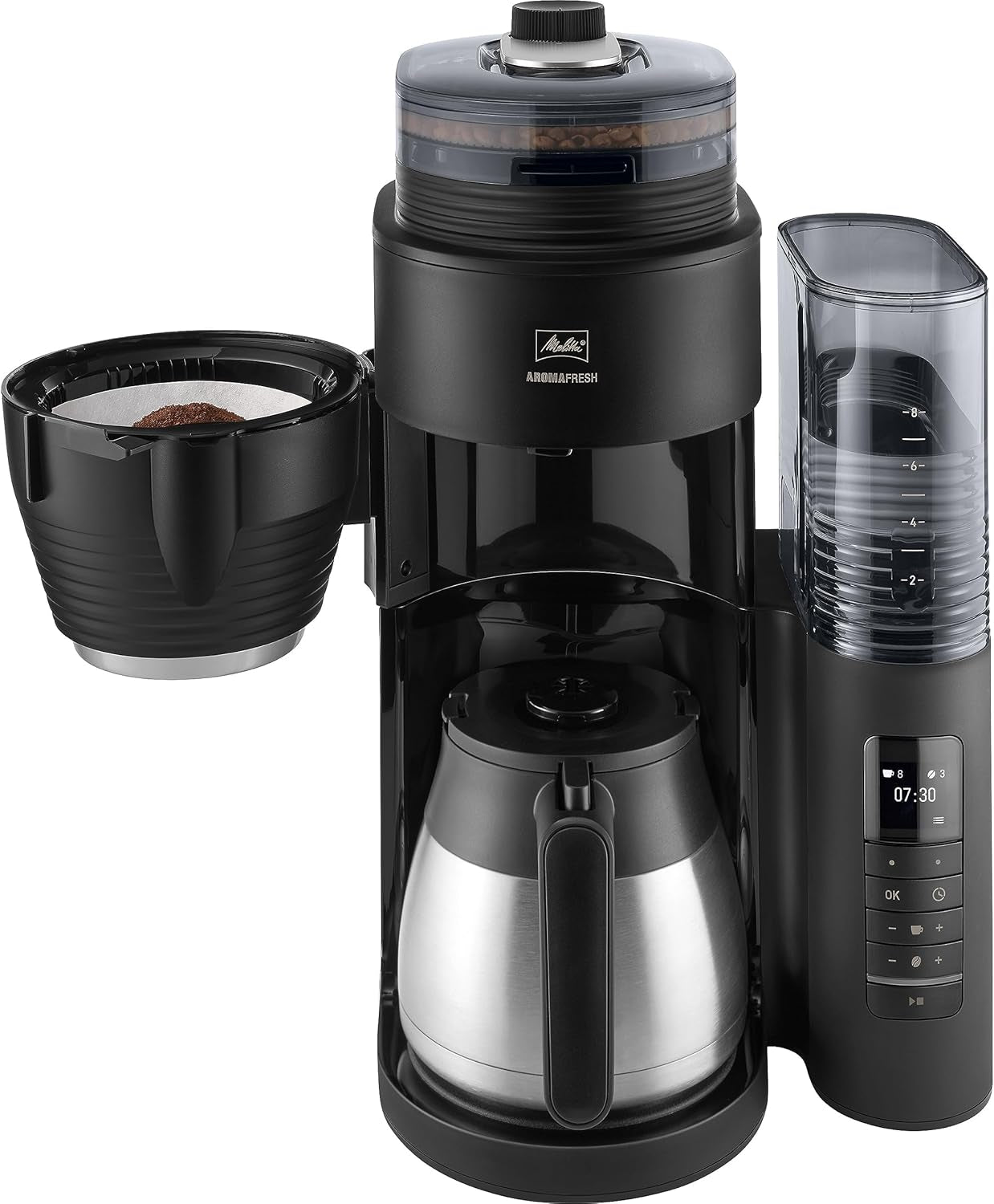 Melitta AromaFresh Therm Pro X - Cafetera espresso con filtro, molinillo integrado, depósito de agua extraíble, jarra térmica de acero inoxidable y función de temporizador, para hasta 8 tazas de café, negro/plateado