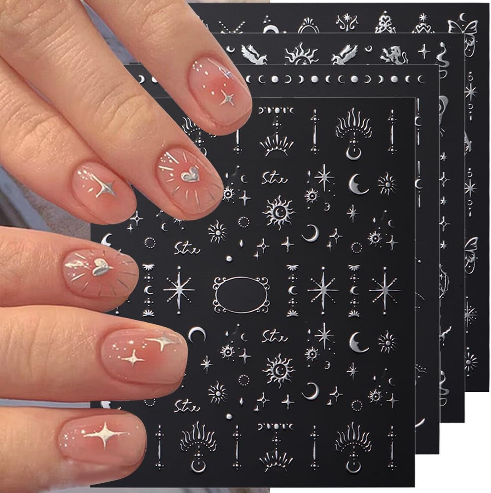 Pegatinas de uñas metálicas plateadas 3D, pegatinas de uñas para mujeres, estrella, luna, sol, láminas para uñas, pegatinas autoadhesivas, pegatinas de uñas de mariposa, pegatinas de uñas, accesorios de diseño de uñas, 8 piezas