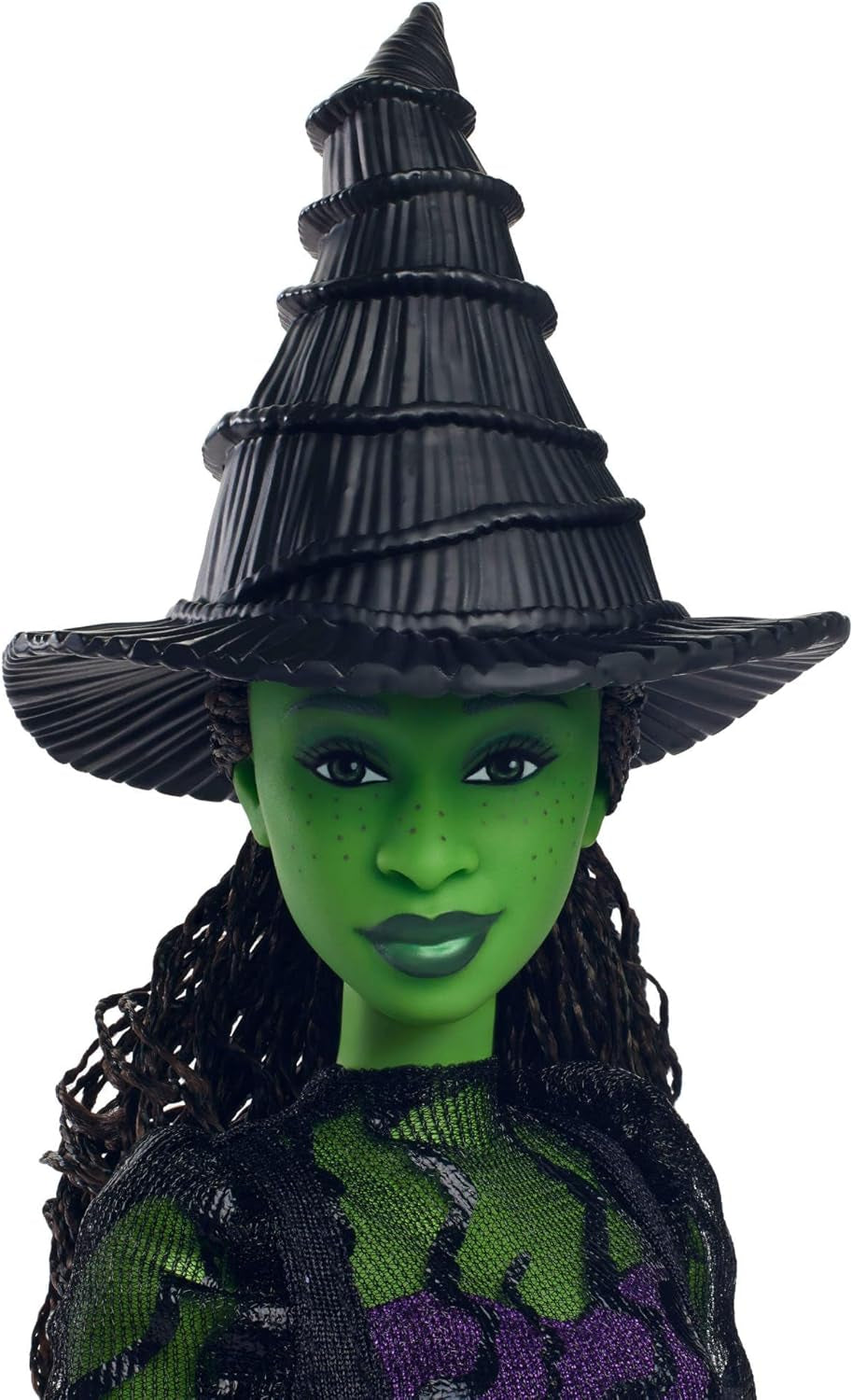 Mattel Muñeca de moda Wicked Elphaba y accesorios con piel verde, cabello trenzado negro, varias poses posibles y apariencia de vestido de fiesta extensible, HXT62, [Multicolor] Naty Shop Dolls