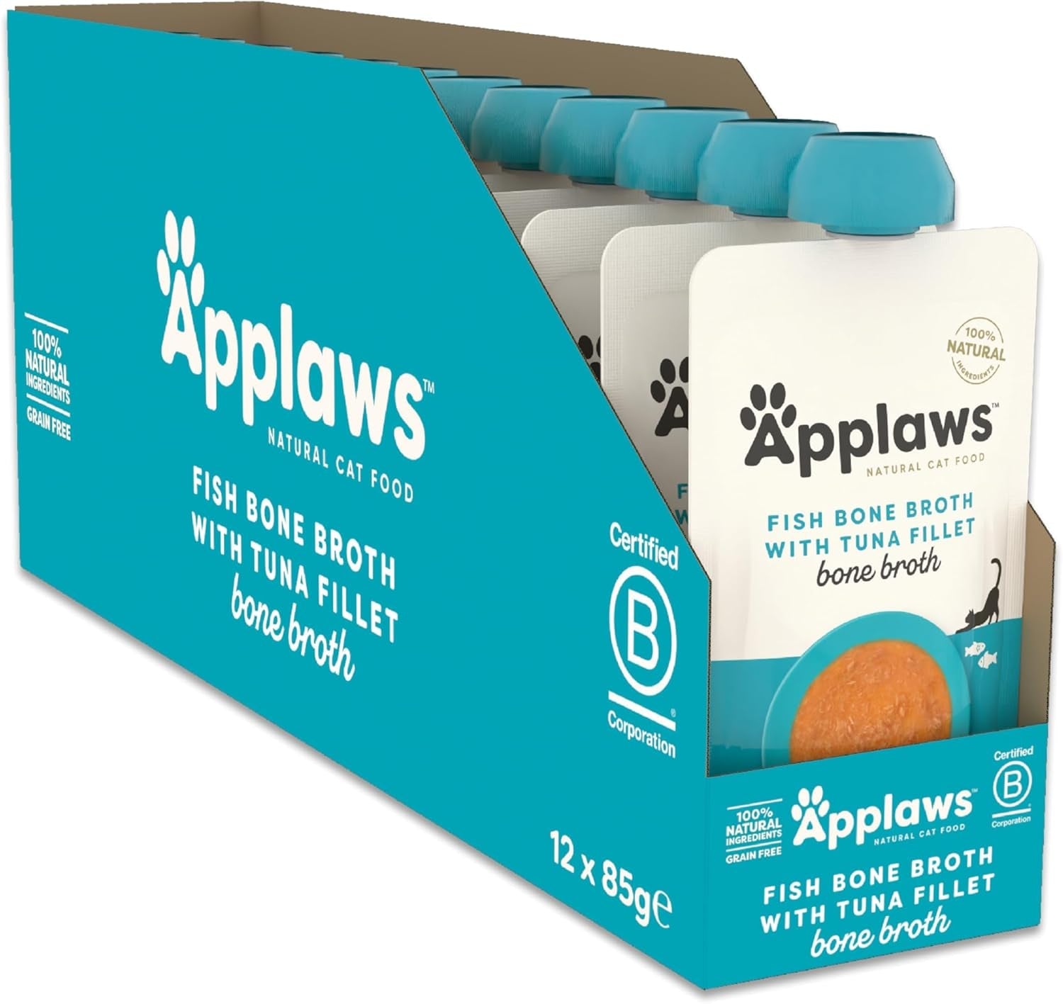 Applaws Comida húmeda para gatos 100% natural - Sopa de huesos de pescado con atún, 12 sobres filtrantes x 85 g