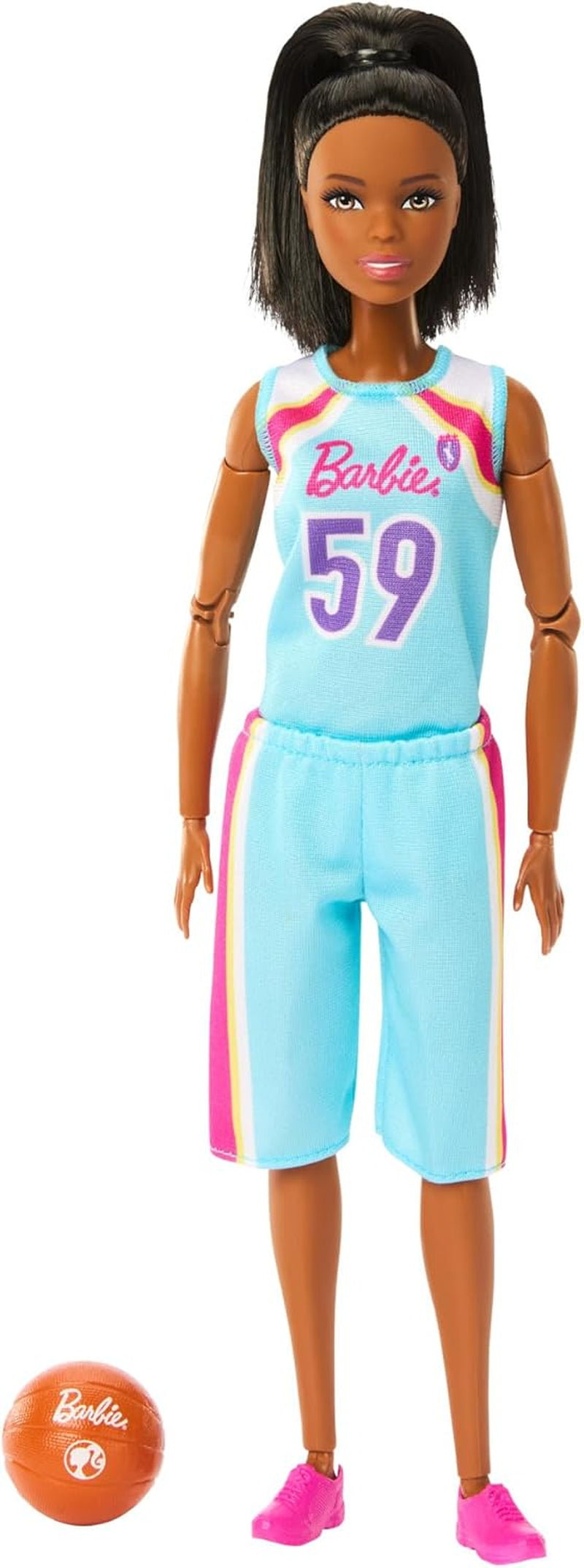 Barbie Made to Move Muñeca y Accesorios, Jugadora de Baloncesto Morena con Vestido Deportivo Desmontable y Pelota, 22 Articulaciones, HKT74