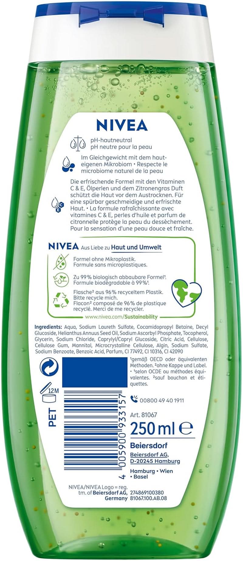 NIVEA Gel de ducha Lemon Grass And Oil, 250 ml Ducha y baño Naty Shop