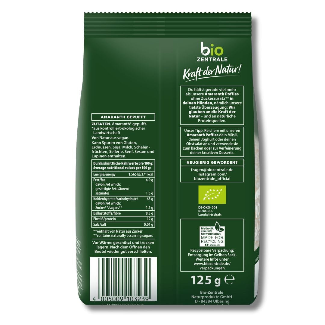 Bocanadas de amaranto biocentrales | 125 gramos | vegano | pequeños granos expandidos de amaranto | fuente de proteínas | para muesli, yogur y coloridos tazones de desayuno