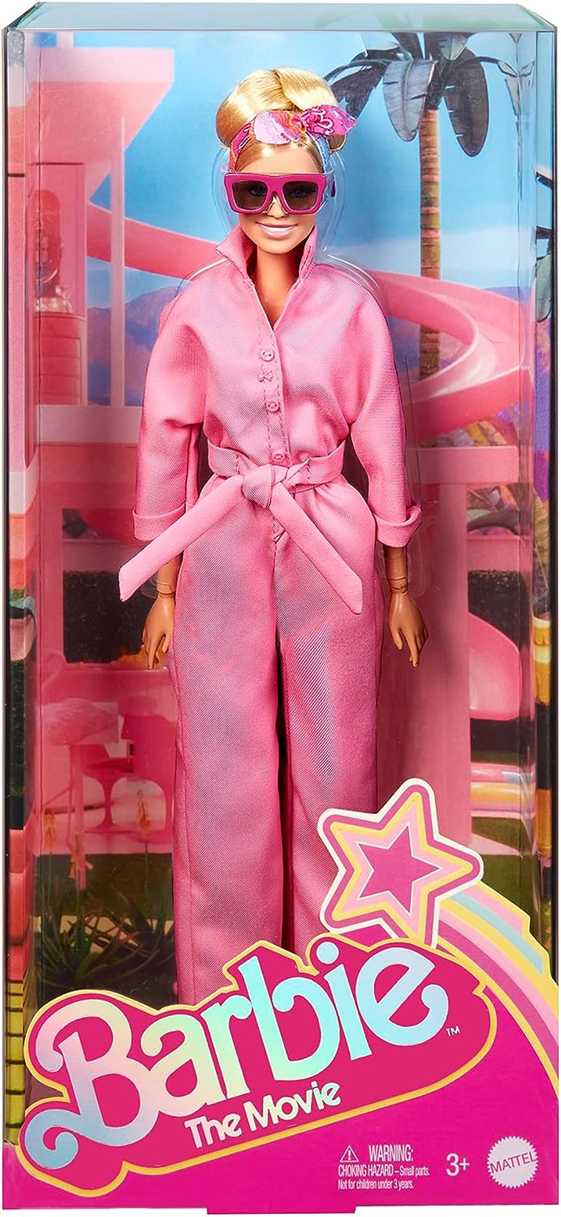 BARBIE LA PELÍCULA Margot Robbie - Puppe mit Kaugummi-Rosa jumpsuit, Messy Updo, Sonnenbrille, Kopftuch, Wedge-Sneakers, Sammlerverpackung, für Kinder ab 3 Jahren, HRF29