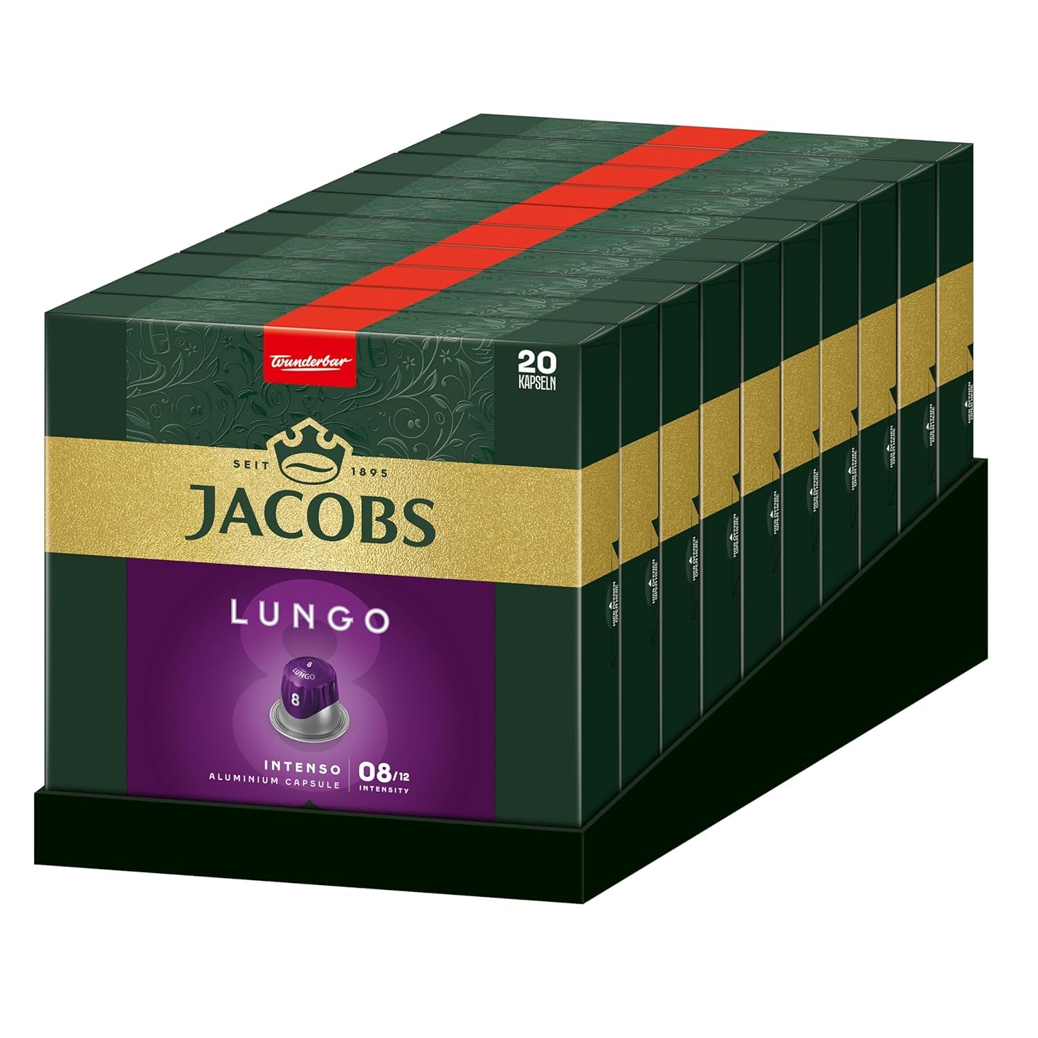 Jacobs Kaffeekapseln Lungo Intenso, Intensität 8/12, 10 x 20 Getränke, Nespresso* compatible Kaffee Kapseln, 200 Kapseln