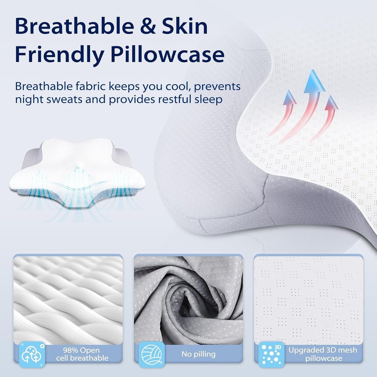 HOMCA Almohada para el cuello, almohada ergonómica de espuma viscoelástica, funda de almohada de enfriamiento 3D para posición supina, lateral o prona, 62 x 41 x 9,5/12,5 cm Almohadas ortopédicas cervicales Naty Shop