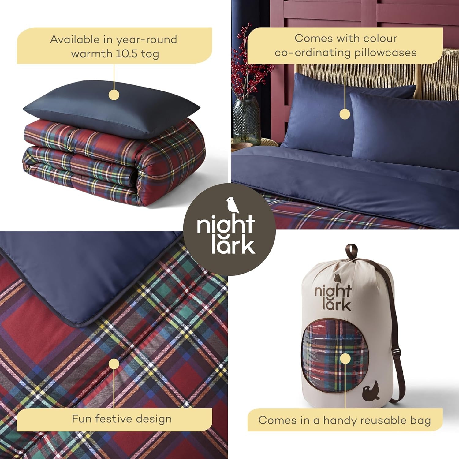 Night Lark Juego de Funda Nórdica y Funda de Almohada, 10,5 tog, Individual, Tartán Rojo Clásico, Ropa de Cama de Lujo, Hipoalergénico, Edredones y Edredones Lavables a Máquina Naty Shop