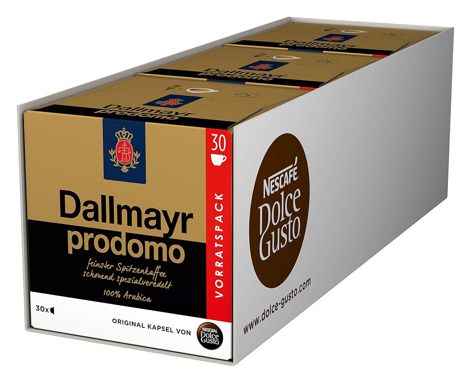 NESCAFÉ Dolce Gusto Dallmayr Prodomo, XXL-Vorratsbox, 90 Kaffeekapseln (3 x 30 Kapseln) y Dallmayr Crema d'Oro Caffè Latte (48 Kaffeekapseln, 48 Getränke, cremig&ausgefungen) Paquete de 3 (3 x 16 Kapseln)