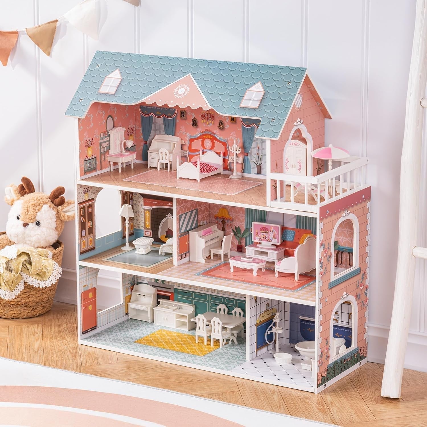 Casa de Muñecas de Madera con Muebles y Accesorios Casa de Juegos para Niñas Juguetes de Sala de Juegos Casas de Muñecas Naty Shop