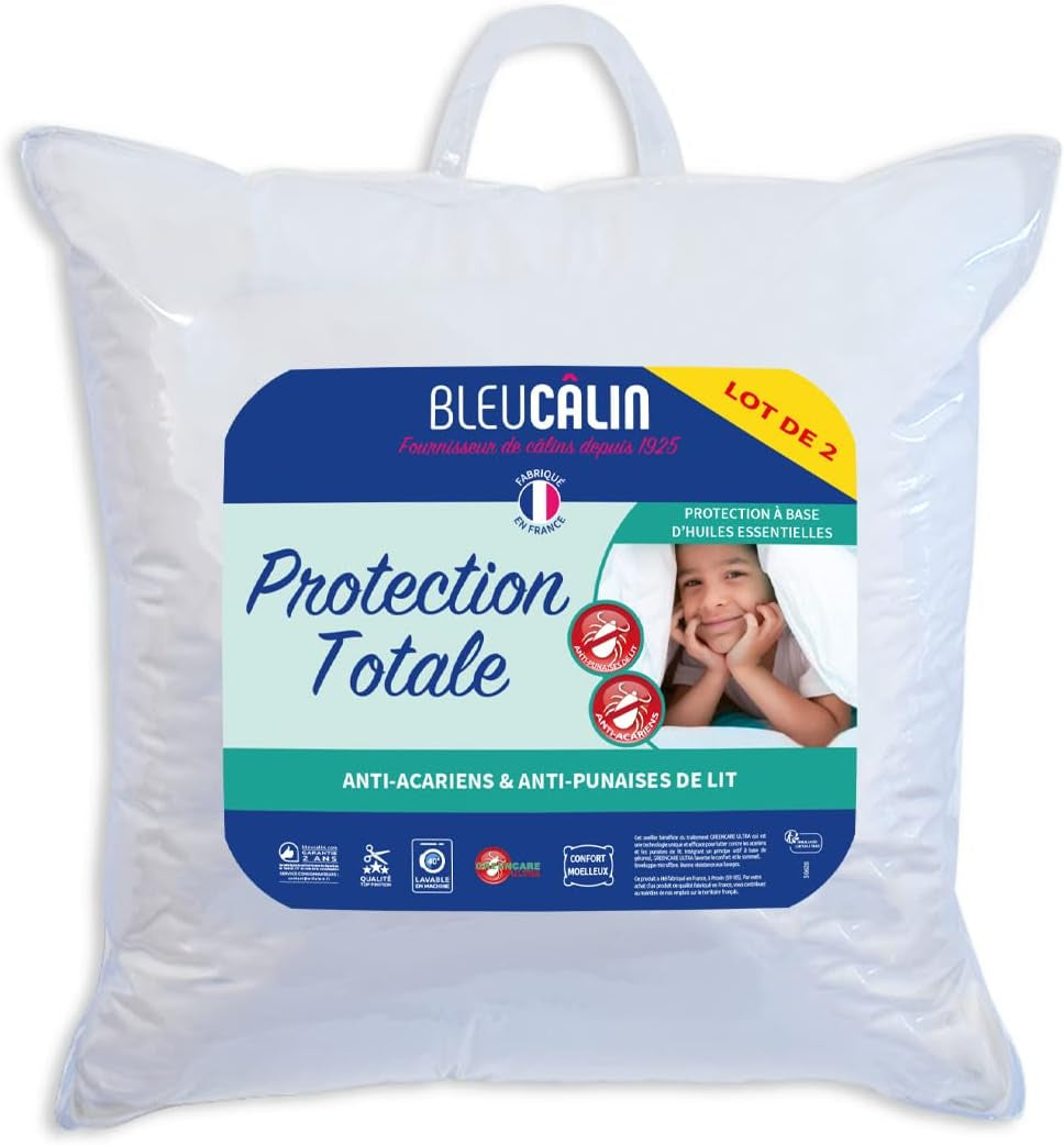 Bleu Câlin set de 2 almohadas antiácaros, antiinsectos, confort esponjoso, 60 X 60 Cm, funda de microfibra, protección total, almohadas estándar blancas Naty Shop