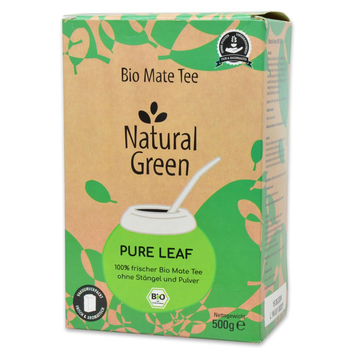 Delicatino - HOJA PURA verde natural 500G, yerba mate orgánica sin tallo, fresca y sin humo, cultivada orgánicamente, envasada al vacío para máxima frescura