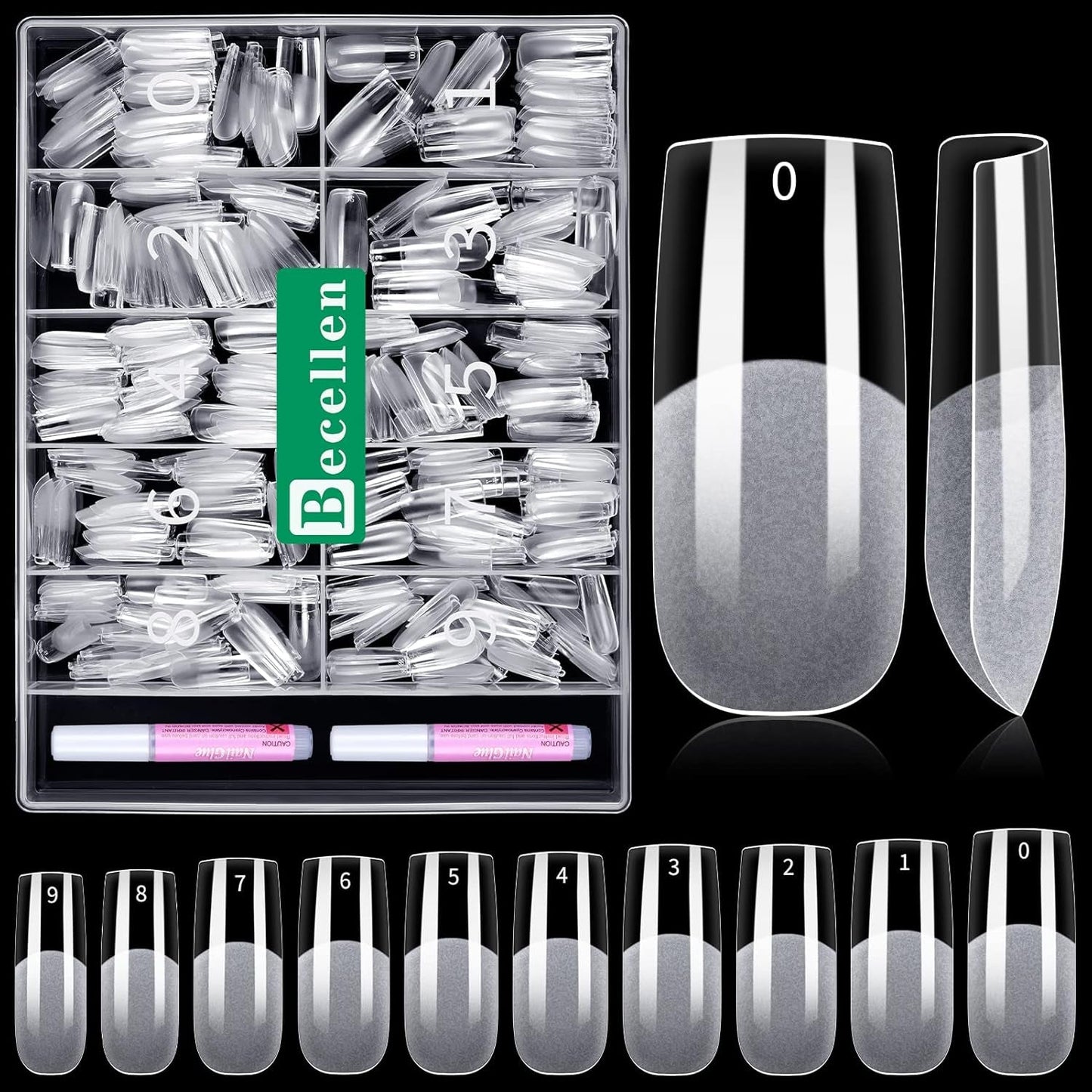 Becellen 500 puntas de uñas artificiales, puntas de uñas de gel suave, cobertura completa, puntas de uñas de gel, uñas artificiales prepulidas, juego de pegamento para decoración de uñas (almendras)