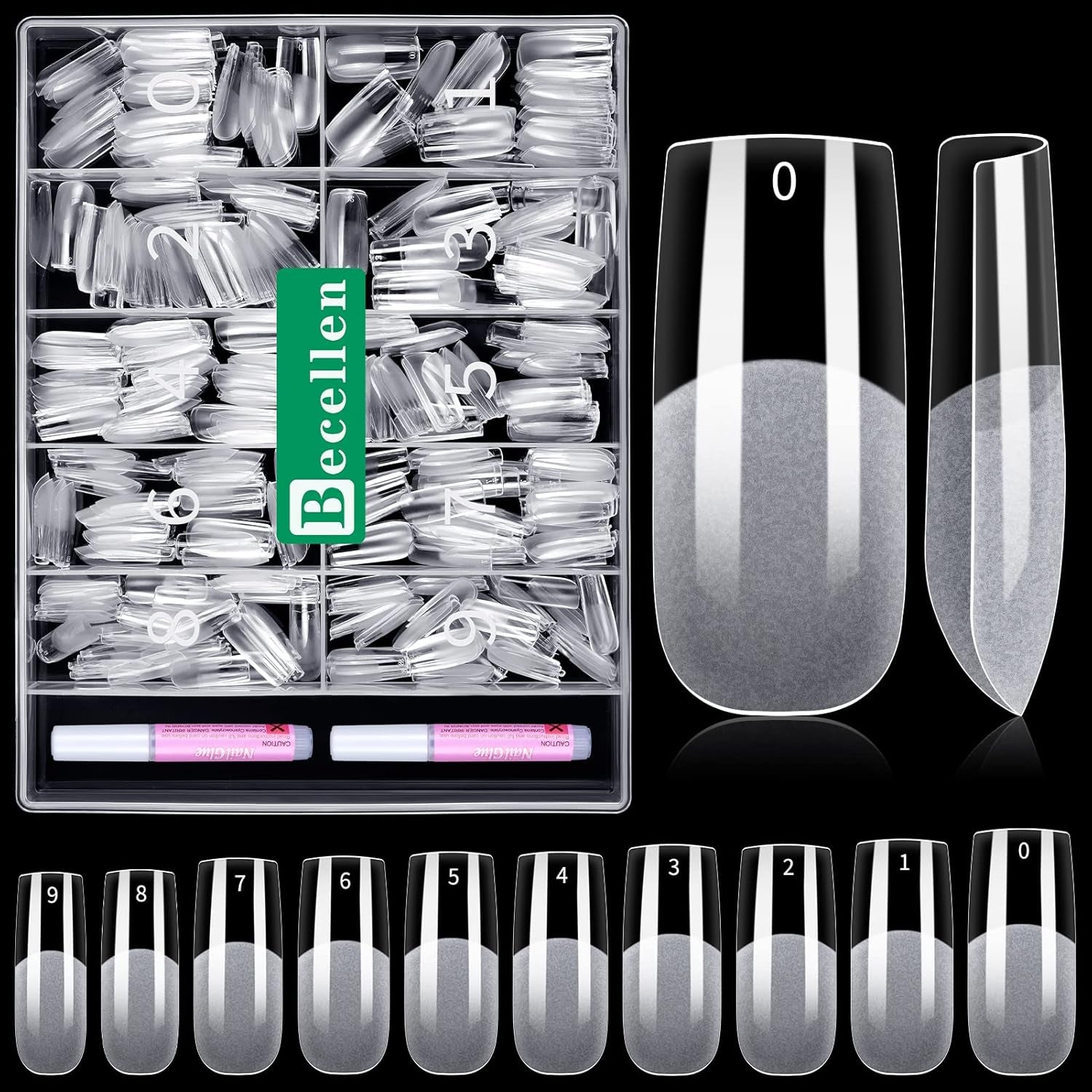 Becellen 500 puntas de uñas artificiales, puntas de uñas de gel suave, cobertura completa, puntas de uñas de gel, uñas artificiales prepulidas, juego de pegamento para decoración de uñas (almendras)