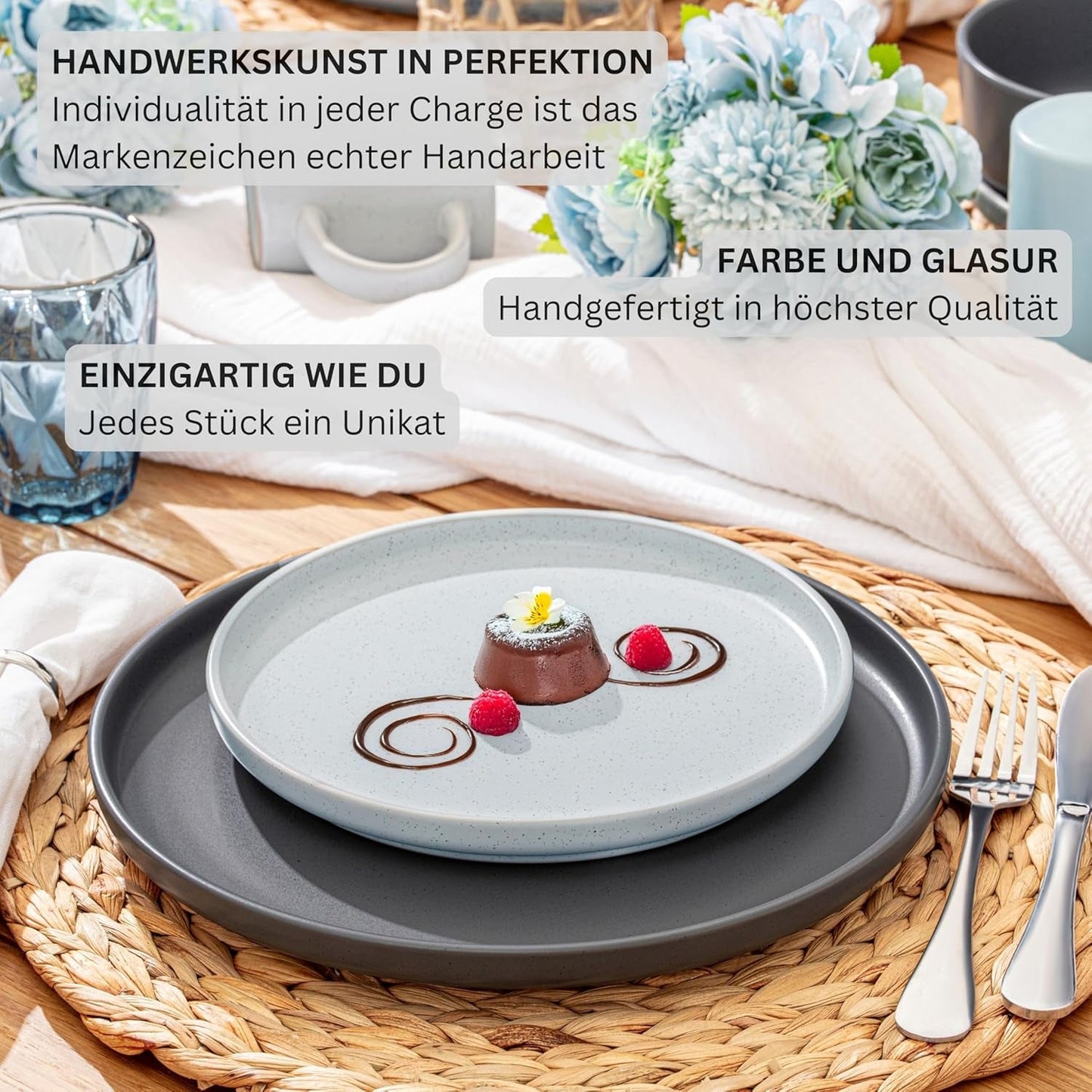 SÄNGER Leeds | Juego de vajilla de gres de 12 piezas Juego de platos llanos para 4 personas (4 platos llanos, 4 platos de postre, 4 tazones), vajilla colorida resistente a los arañazos | LA COLECCIÓN DE VALOR