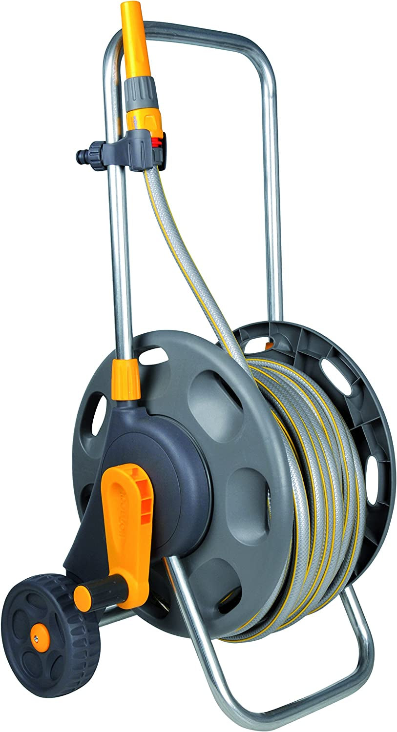 HOZELOCK - Enrollador de manguera Plus 50 M (Ø 12,5 mm) montado: Capacidad máxima 60 m, estable y robusto para uso general, montado con 50 m de manguera, 1 boquilla pulverizadora + conectores [2435R0000]