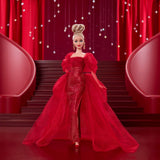 Barbie Signature Doll Figura coleccionable Mattel del 80 aniversario con vestido de tul rojo brillante con aretes de lágrima y guantes delicados Cabello rubio JBJ17