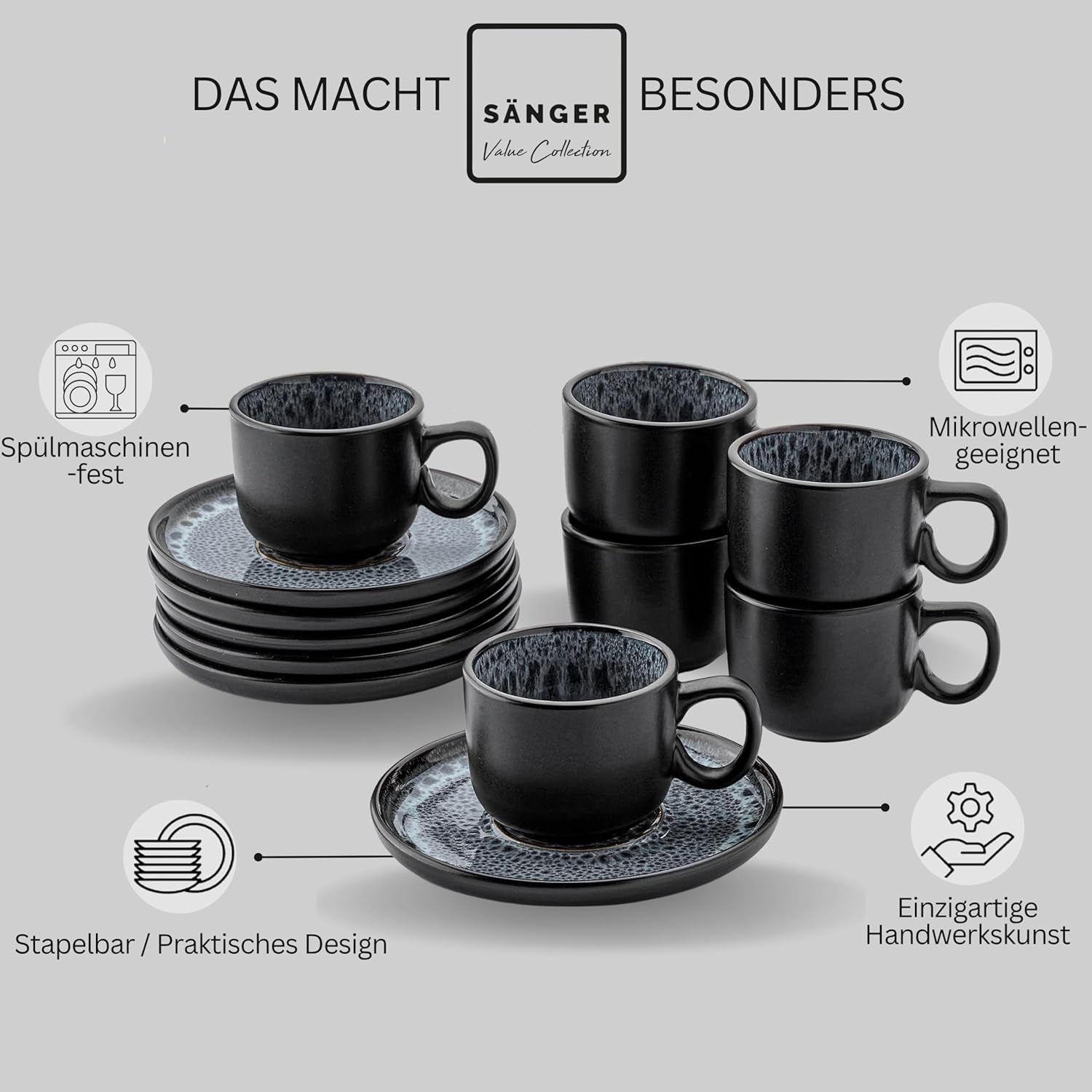 SANGER Sídney | Juego de 12 tazas de café expreso de cerámica, juego de tazas de moca para 6, tazas y platillos, apto para lavavajillas y microondas, gris oscuro, 80 ml | LA COLECCIÓN DE VALOR