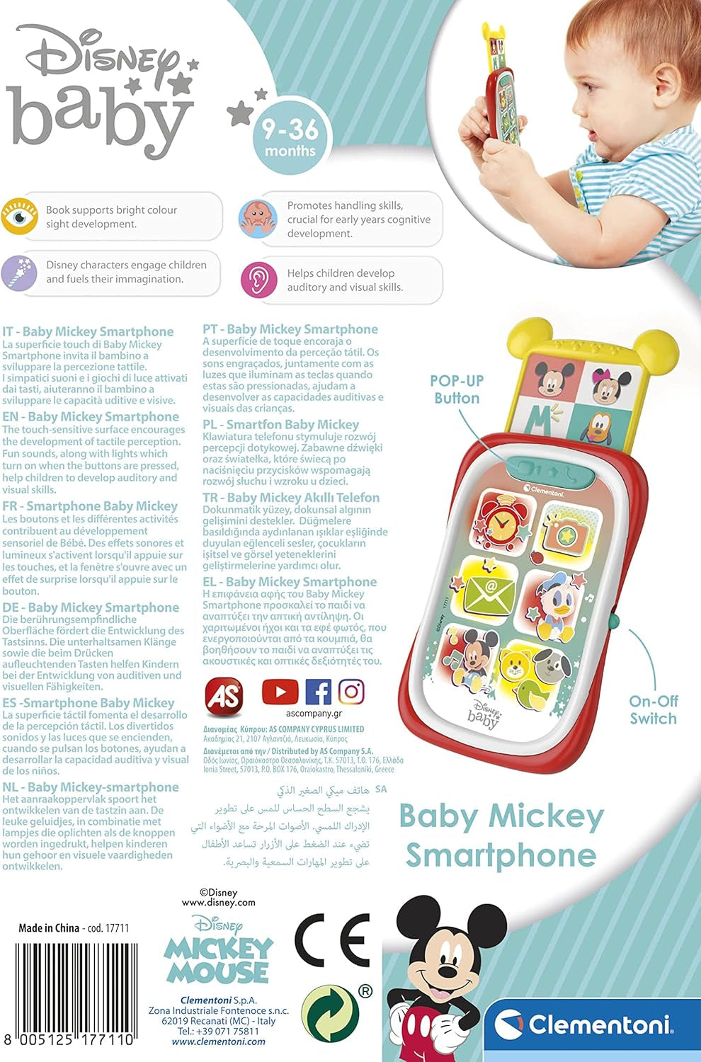 Clementoni 17711 Disney Baby Baby Mickey Smartphone, Móvil Infantil con Efectos de Luz y Sonido, Juguete Interactivo para Niños de 9 a 36 Meses, M, Multicolor Bebe Toys Naty Shop