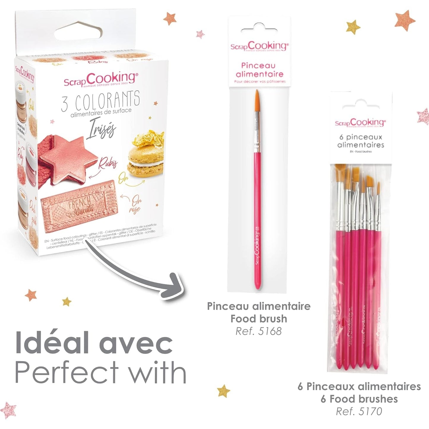 Scrapcooking - Juego de 3 colorantes alimentarios metálicos - Colorante alimentario: oro, oro rosa y rubí - Colorante alimentario comestible para hornear, pasteles, galletas, tartas, chocolate - 4019