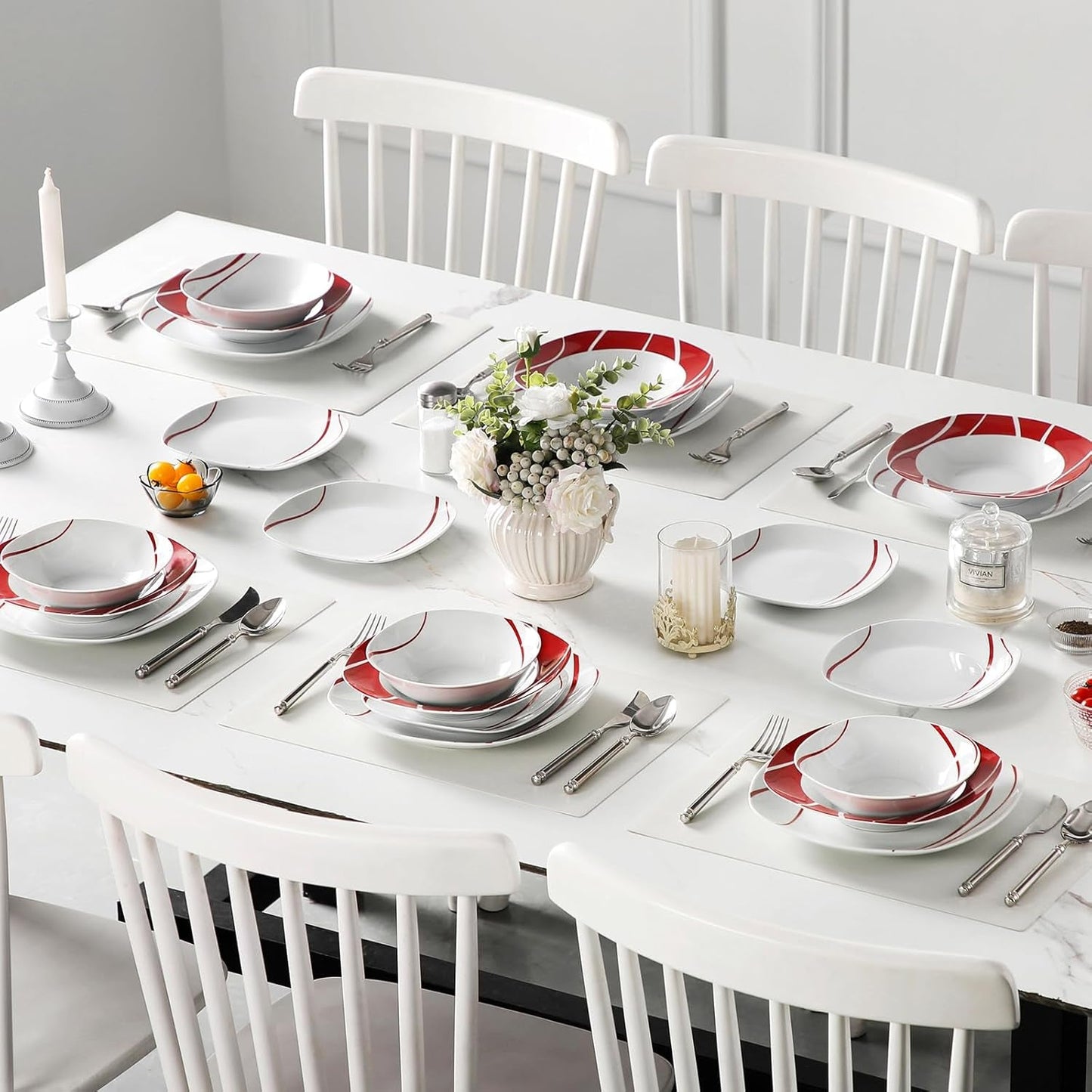 MALACASA Vajilla para 6, Vajilla de Porcelana Felisa 24 Piezas, Vajilla Moderna con 6 Platos Llanos, Platos de Postre, Platos Suma y Cuencos, Perfecto para Navidad y Uso Diario