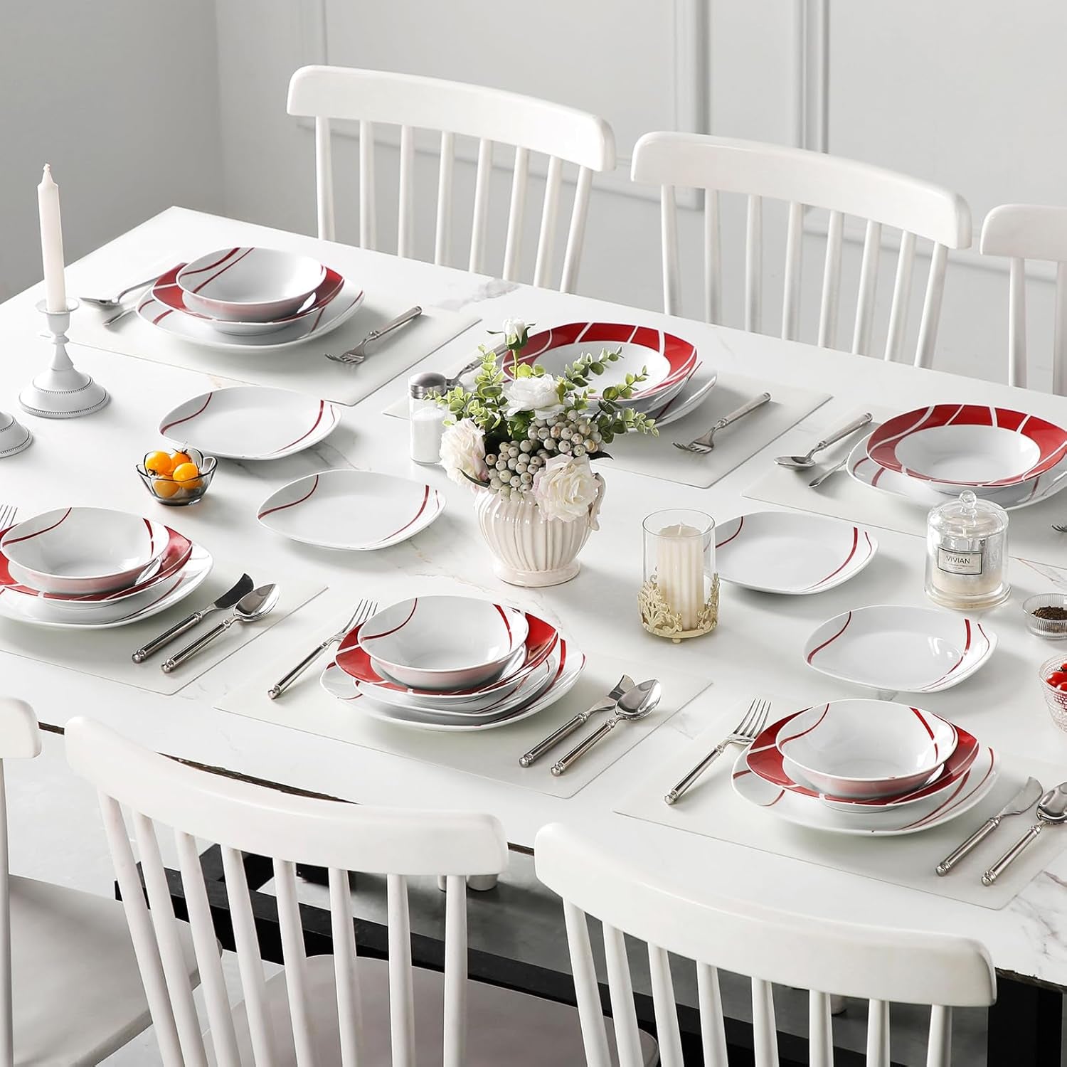 MALACASA Vajilla para 6, Vajilla de Porcelana Felisa 24 Piezas, Vajilla Moderna con 6 Platos Llanos, Platos de Postre, Platos Suma y Cuencos, Perfecto para Navidad y Uso Diario