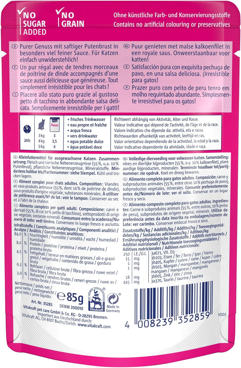 Vitakraft Poésie Délice, comida húmeda para gatos, comida para gatos en salsa, con pavo, paquete a granel, sin azúcares ni cereales añadidos (23 x 85 g)