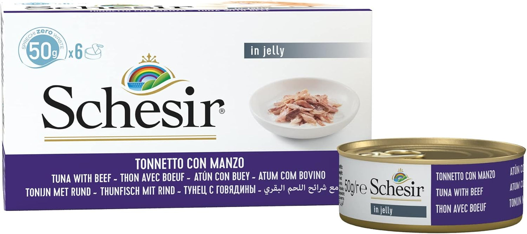 Gelatina para Gatos con Atún y Carne de Res, Comida Húmeda para Gatos en Gelatina, 8 x 6 Latas x 50g