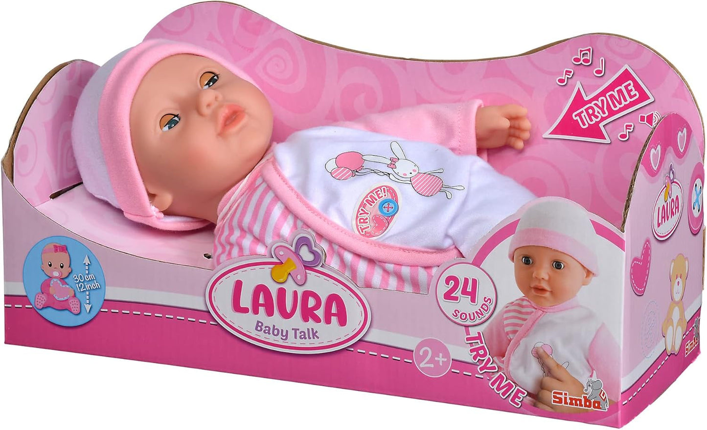 Simba 105140020 - My Love Baby Talk, muñeco de cuerpo blandito con ojos soñolientos y un bonito mono, hace 24 sonidos de bebé, 30 cm, muñeco para niños a partir de 2 años