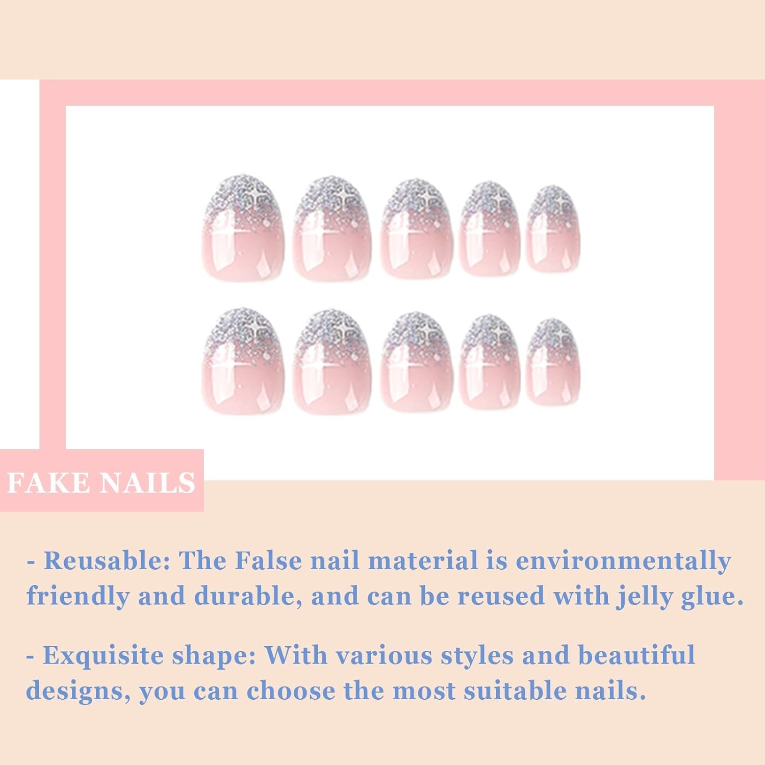 24 piezas de prensa francesa en uñas, diseño corto plateado brillante, uñas artificiales ovaladas, pegamento en uñas acrílicas brillantes, uñas postizas para mujeres y niñas
