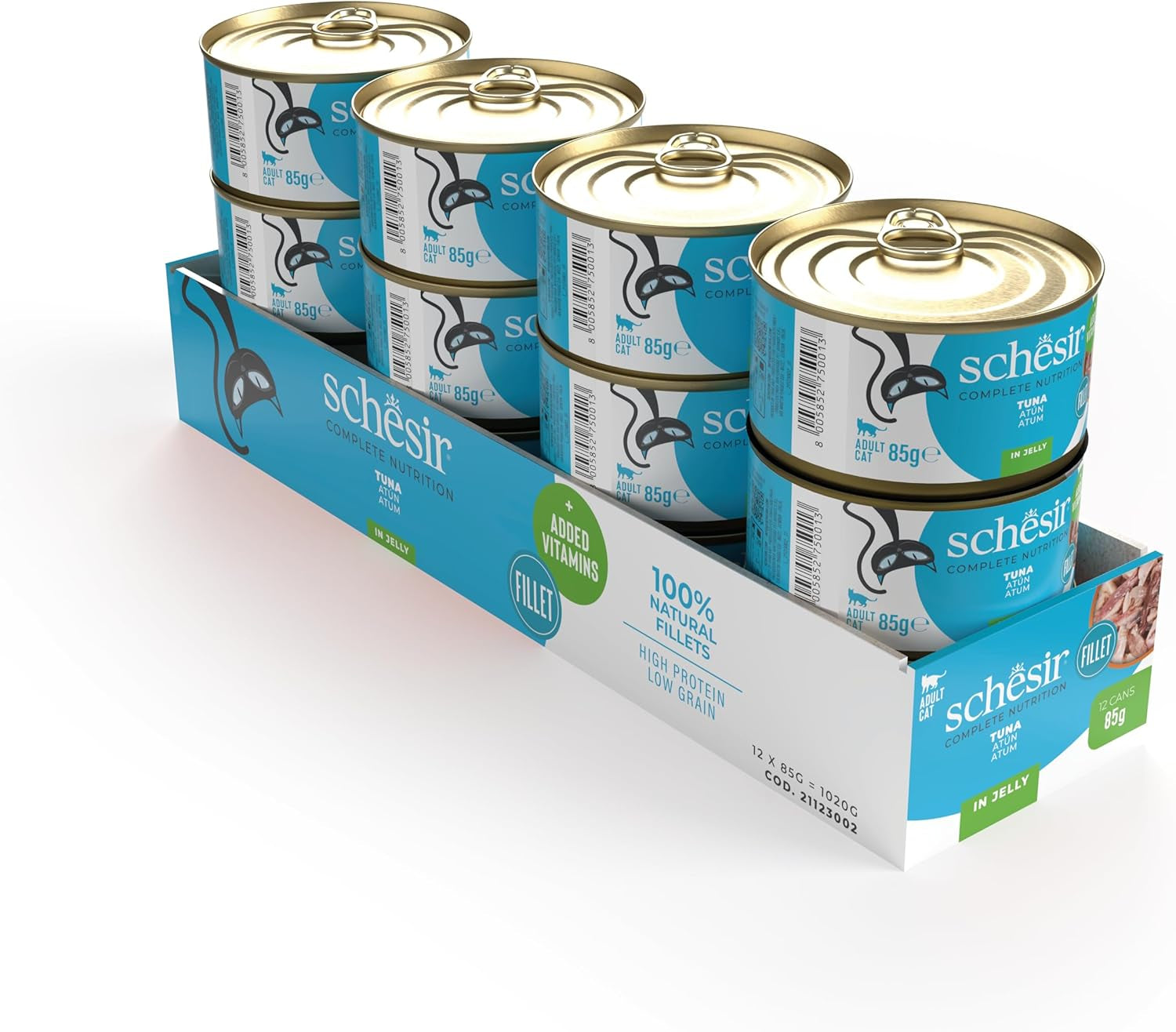Atún en gelatina, comida húmeda para gatos, enlatada, 100% natural, con vitaminas añadidas, 12 x 85g