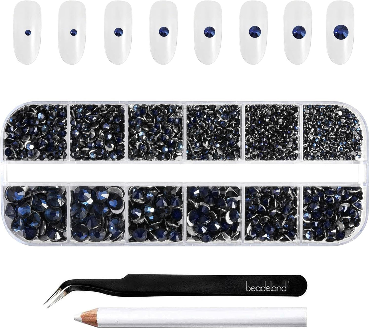 Beadsland 2500 piezas de piedras de cristal para decoración de uñas con parte trasera plana, piedras preciosas para trabajos manuales de 8 tamaños SS4 ~ SS30 con pinzas y puntas (Kristall Weiss)