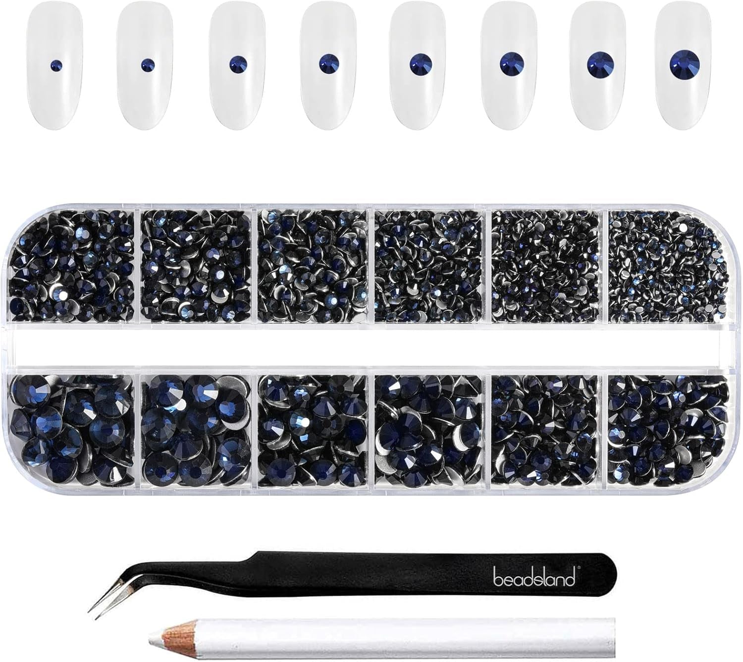 Beadsland 2500 piezas de piedras de cristal para decoración de uñas con parte trasera plana, piedras preciosas para trabajos manuales de 8 tamaños SS4 ~ SS30 con pinzas y puntas (Kristall Weiss)