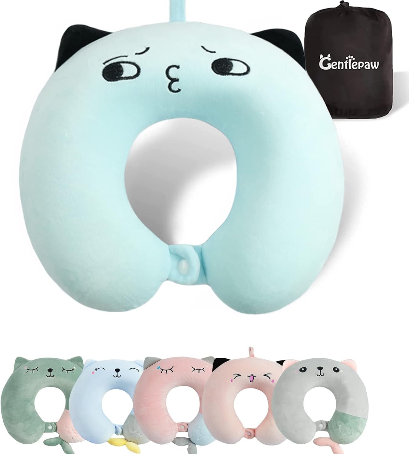 Almohada para el cuello, almohada para el cuello para niños para avión, coche, viaje en tren, almohada de viaje de espuma viscoelástica para adultos, almohada en forma de U con bonito patrón de animales, funda desmontable (Rosa2) Naty Shop Almohadas ortopédicas cervicales azul2