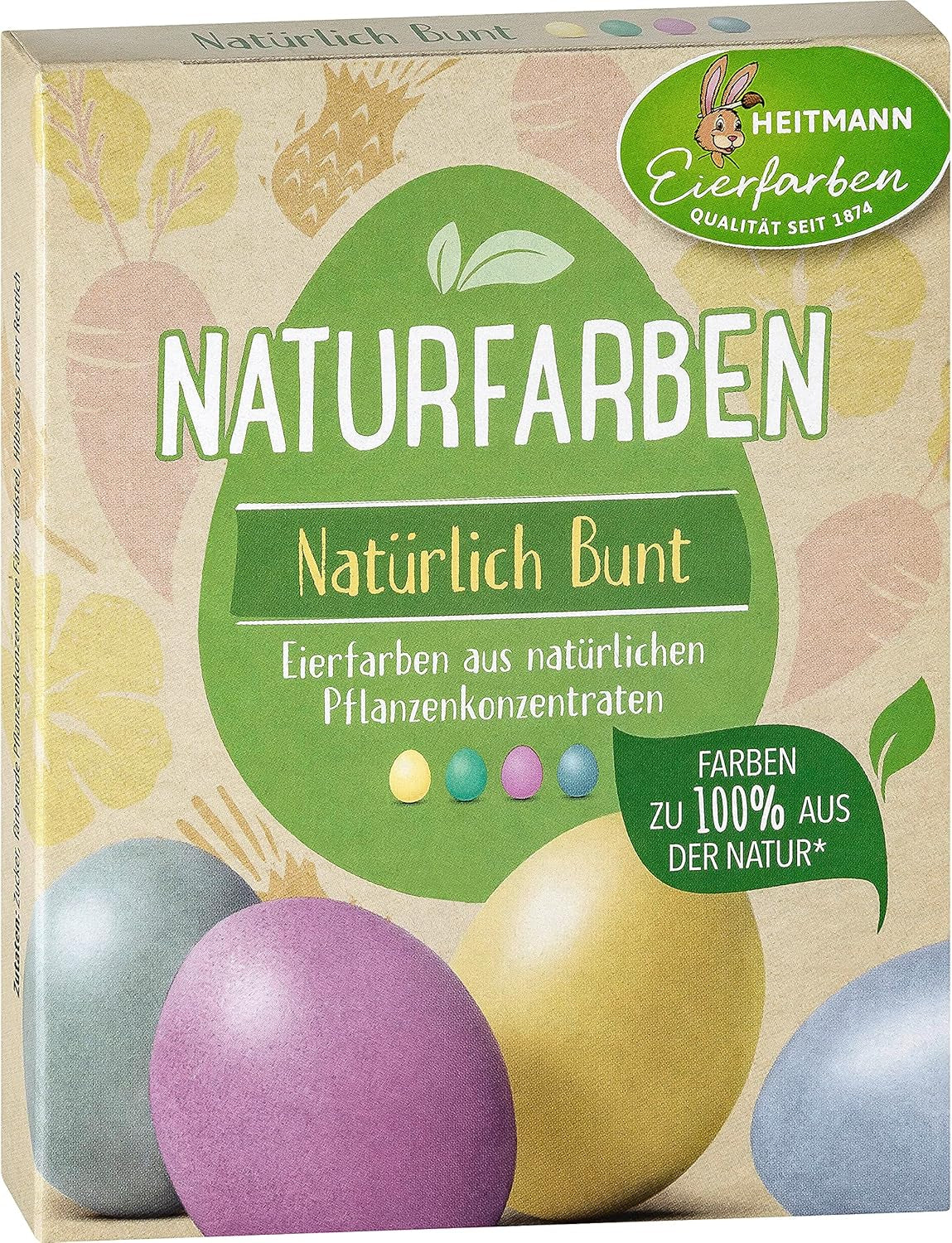 Heitmann Egg Dye Juego de tintes naturales, 3 tintes en polvo para huevos (amarillo, morado, gris azulado), hoja de pegatinas de papel de hierba