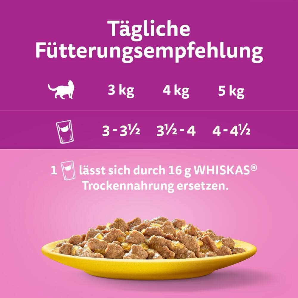 Whiskas 1+ comida húmeda para gatos con pollo en gelatina, 28x85g (1 paquete) - Comida húmeda de alta calidad para gatos adultos en sobres de 28 porciones