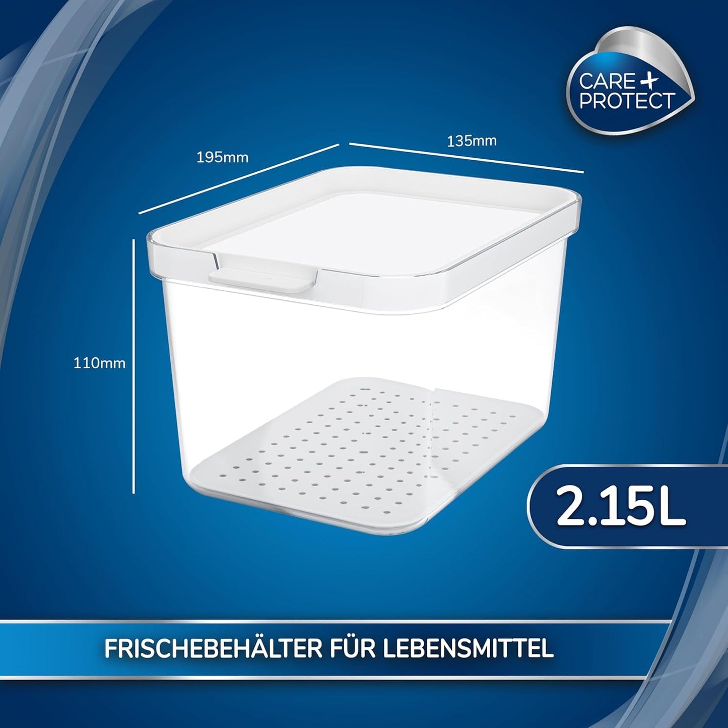 CARE + PROTECT Contenedor de alimentos inteligente, perfectamente apilable, organizador frigorífico, protege los alimentos de la humedad, mantiene los alimentos frescos por más tiempo, 2,15 l Cajas de conservación de alimentos Naty Shop