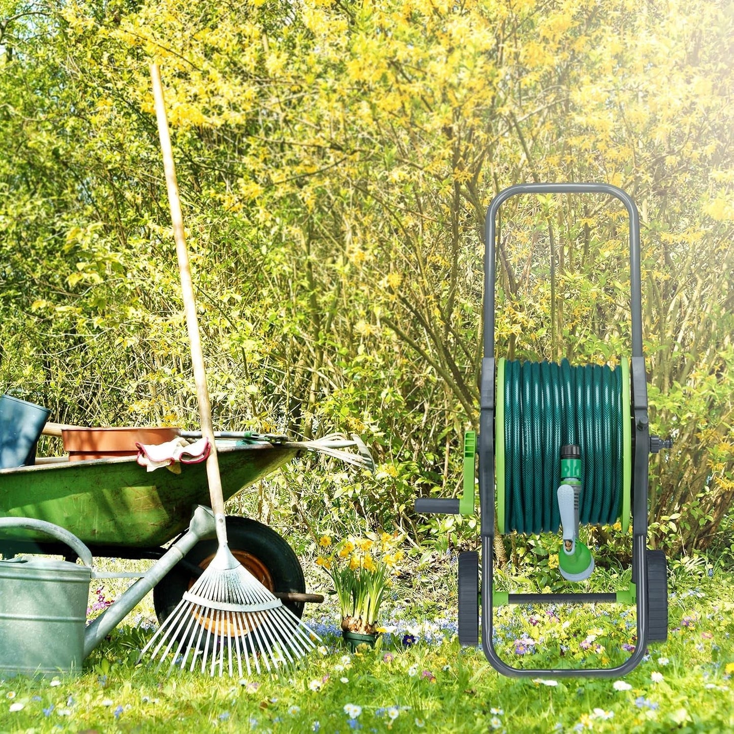 Relaxdays Carro portamangueras 45m 1/2" Enrollador de mangueras de agua Jardín 82,5 x 43 x 34cm Gris-Verde