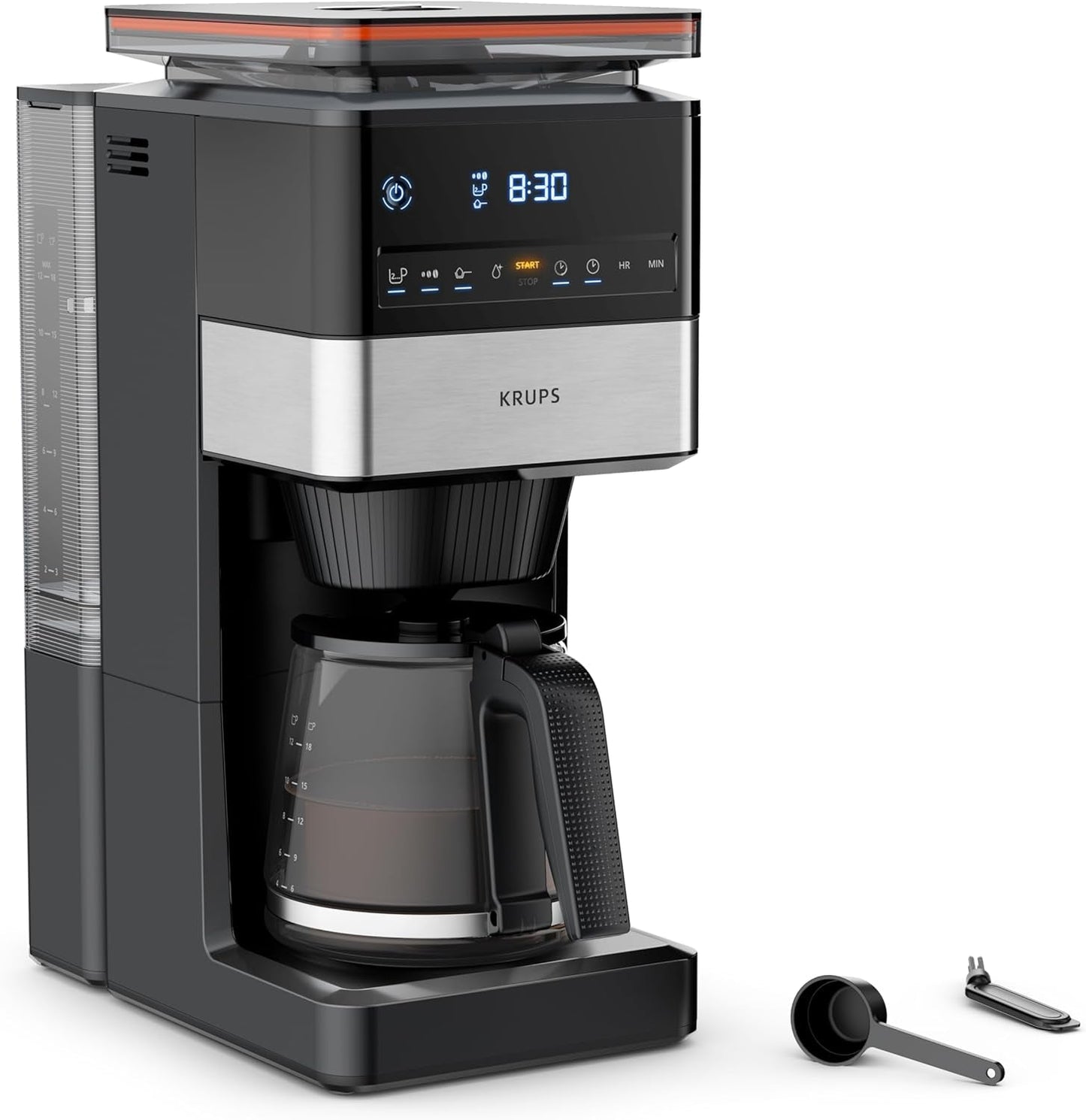 KRUPS Grind Aroma XL Cafetera espresso, Molinillo cónico desmontable, Panel de control digital, Capacidad XL (1,5 L), Función mantener caliente, Jarra de cristal, Negro/Acero inoxidable, KM842810