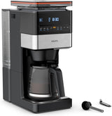 KRUPS Grind Aroma XL Cafetera espresso, Molinillo cónico desmontable, Panel de control digital, Capacidad XL (1,5 L), Función mantener caliente, Jarra de cristal, Negro/Acero inoxidable, KM842810
