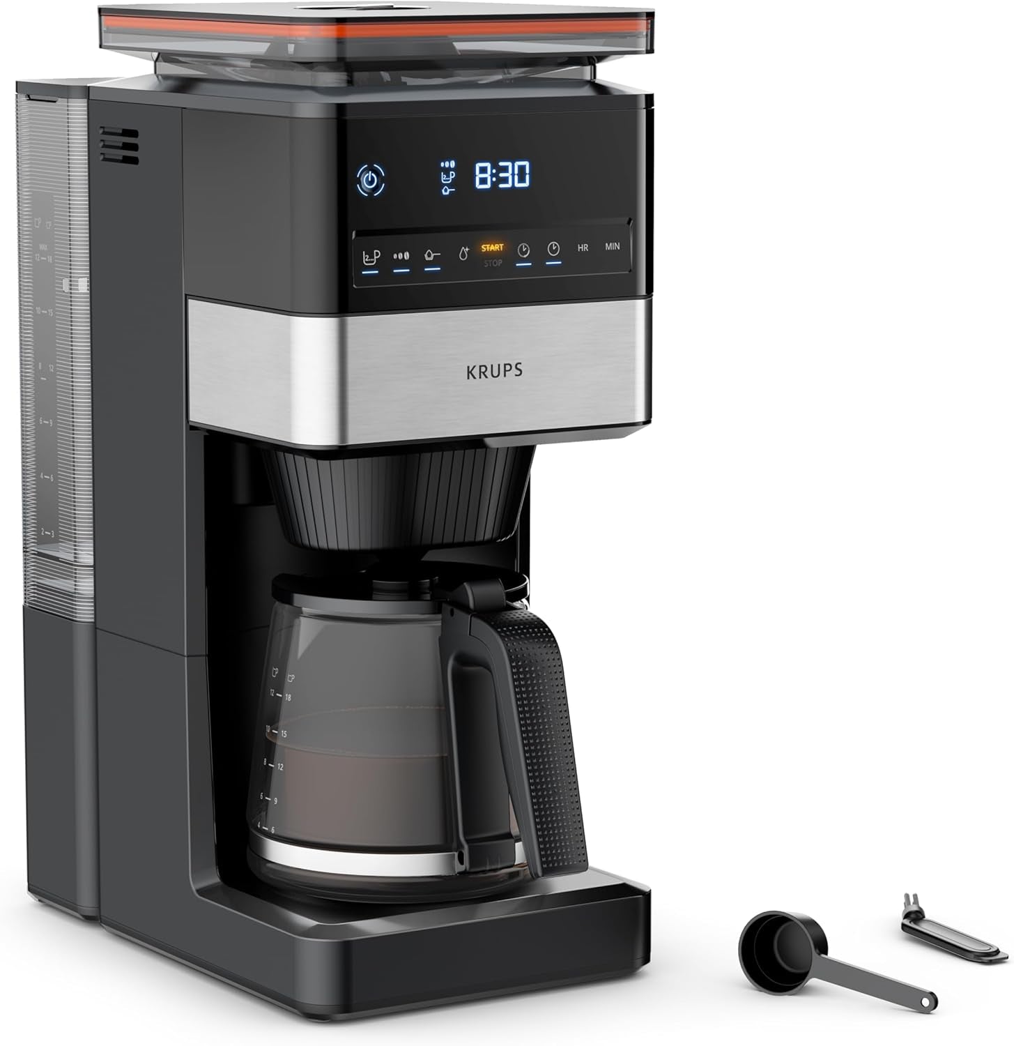 KRUPS Grind Aroma XL Cafetera espresso, Molinillo cónico desmontable, Panel de control digital, Capacidad XL (1,5 L), Función mantener caliente, Jarra de cristal, Negro/Acero inoxidable, KM842810