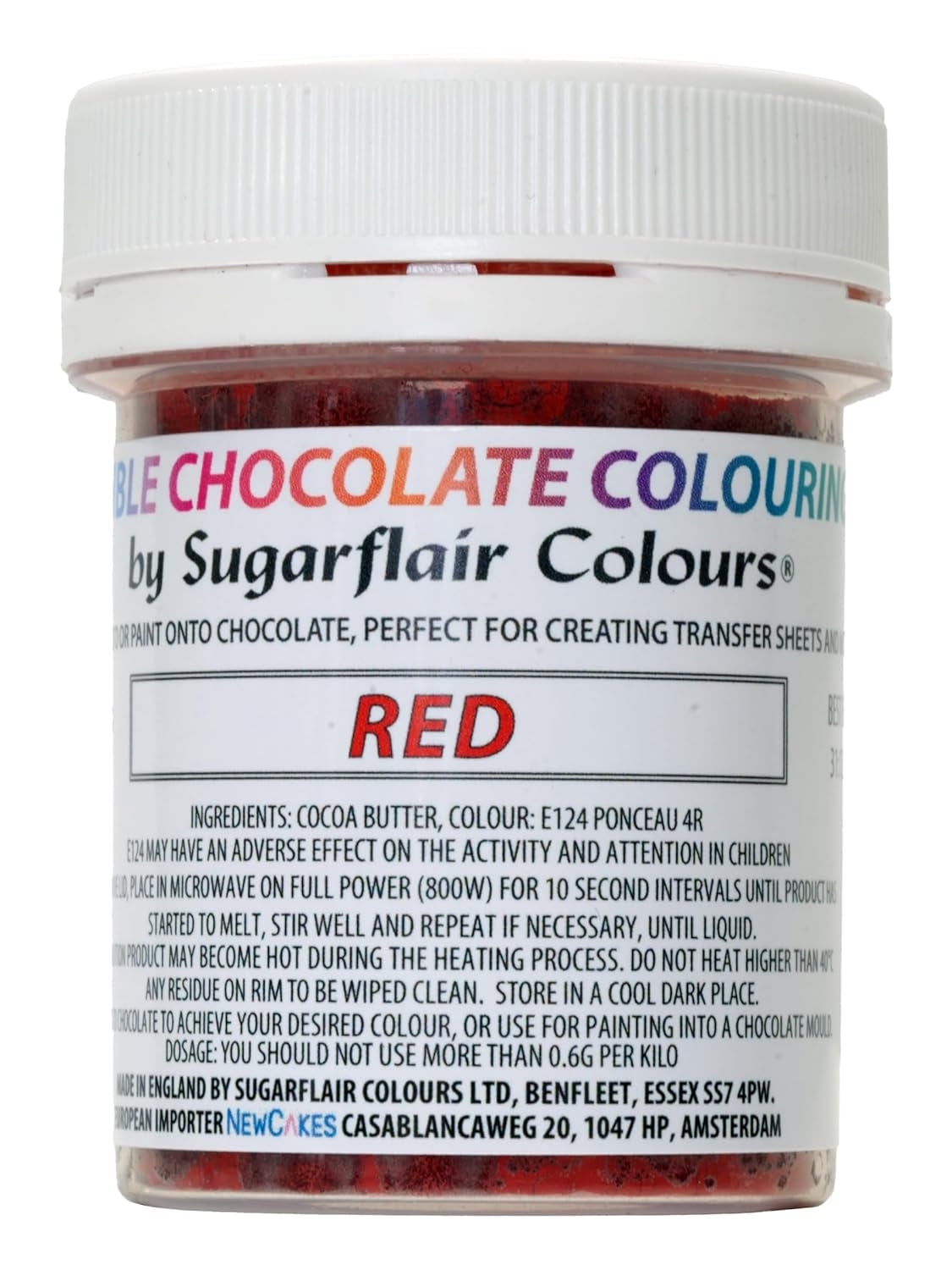 Colorante alimentario Sugarflair Chocolate Colorante alimentario para chocolate rojo - Manteca de cacao orgánica coloreada, colorante de chocolate para colorear chocolate, bombones - 35g