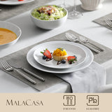 MALACASA Vajilla para 12 Personas, Vajilla Moderna de Porcelana Amelia de 48 Piezas, Servicio de Mesa con 12 Platos Llanos, Platos de Postre, Platos Suma y Cuencos de Cereal, Vajilla Moderna para 12 Personas - Blanco