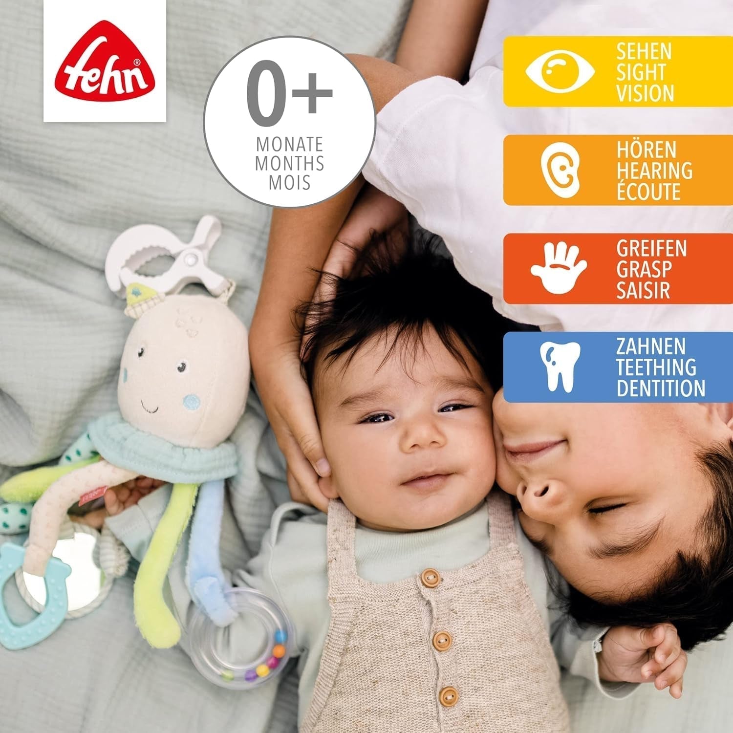 Fehn Pulpo Actividad Juguete - Juguete de Habilidades Motoras para Bebés para Cochecitos y Comienzos Brillantes, Oball, Juguete Sonajero con Bolas de Agarre para Caminar, Juguete Interactivo para Bebés Bebe Toys Naty Shop