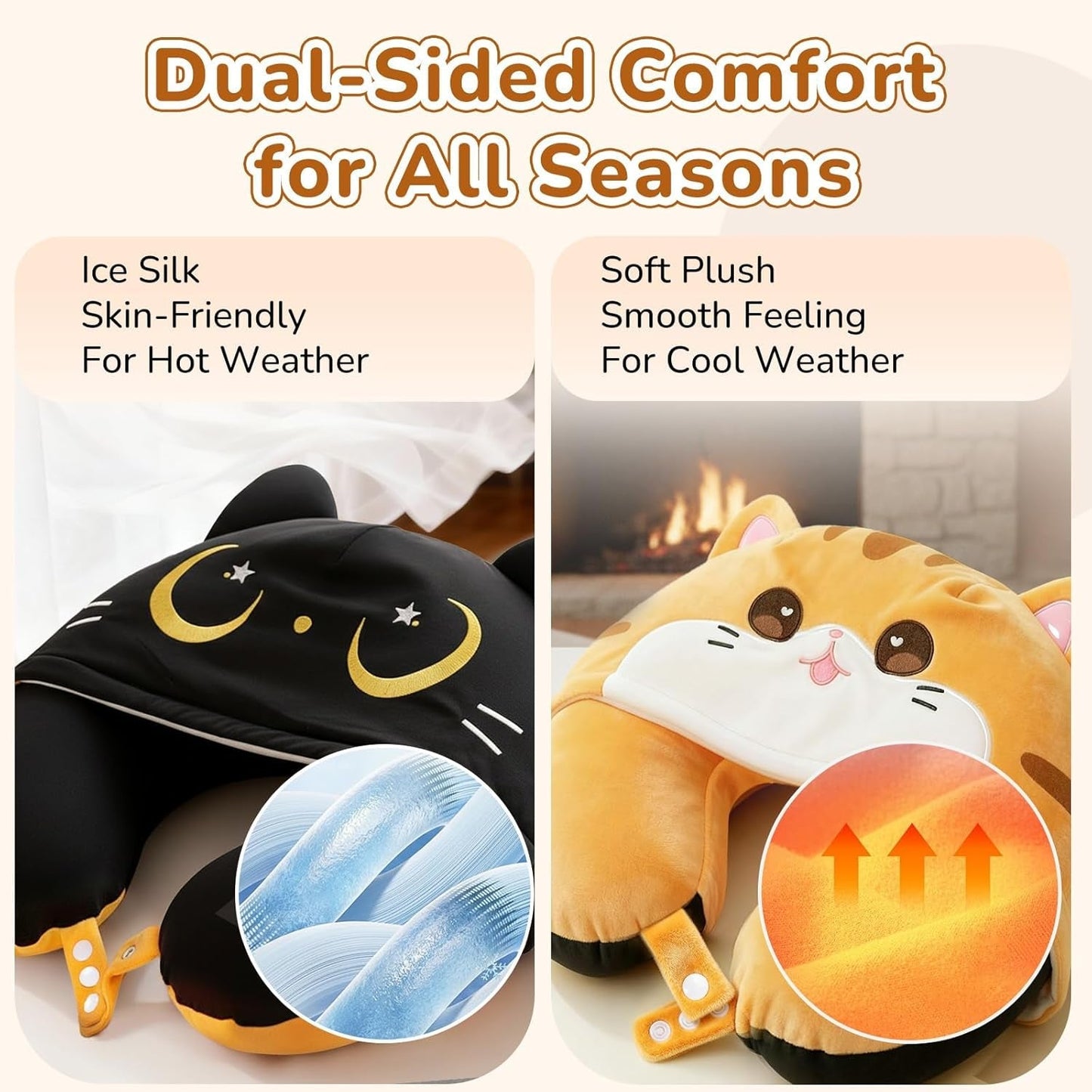 Mewaii Almohada de viaje, almohada de doble cara para adultos, almohada de cuello de espuma viscoelástica para avión, almohada de vuelo reversible con capucha para gato, correa ajustable