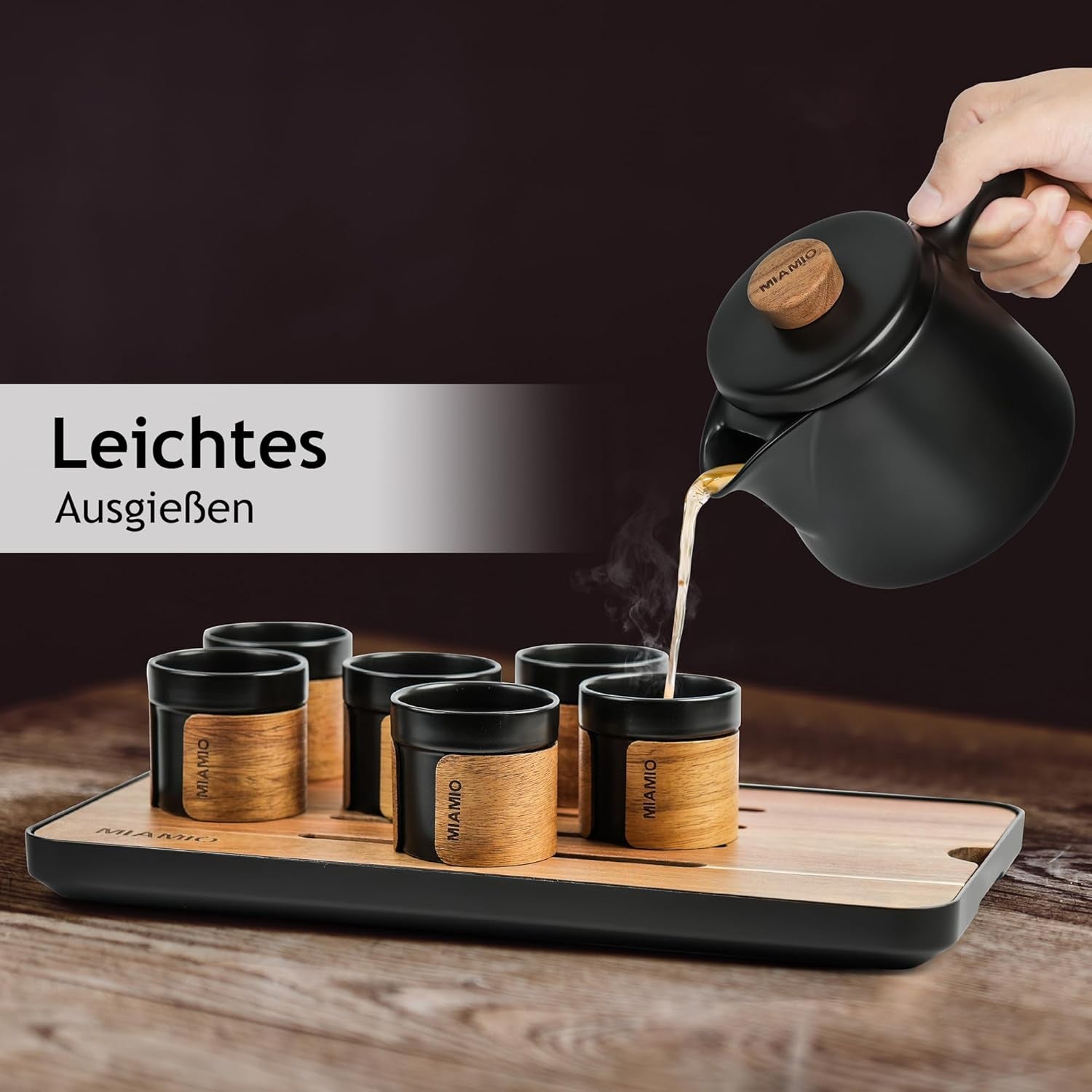 MIAMIO - Juego de Té Japonés/Chino 6 x 100ml / Tetera Asiática 620ml con Infusor de Té, Juego de Tetera Tradicional Japonesa para Amantes del Té/Hombres/Mujeres (Negro)